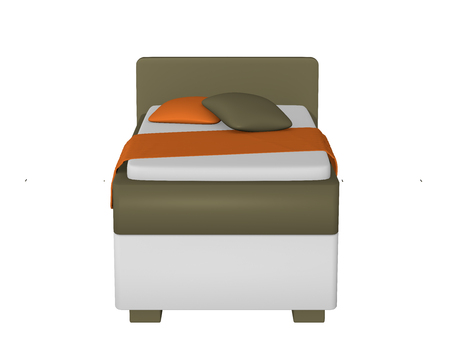 Single bed in olive green - white, with decorations isolated on white from front view. 3d renderの写真素材