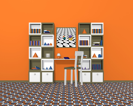 Wall unit in olive green-white, with strong wall paint. Front view, 3d renderの写真素材