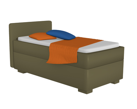 Single bed in olive green with decorations, isolated on white. 3d renderの写真素材