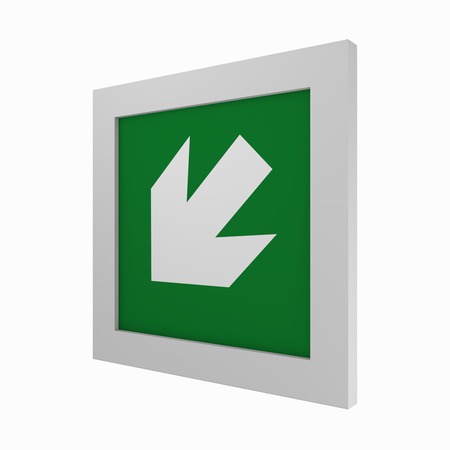 current escape signs according to ASR A1.3: Directional arrow left downwards. Side view, 3d renderingの写真素材