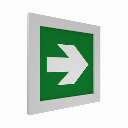 current escape signs according to ASR A1.3: Directional arrow on the right. Side view, 3d renderingの写真素材