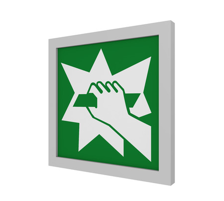 Escape sign (emergency exit device that can be reached after smashing a disc) according to ASR (A1.3) / ISO. Side view, 3d renderの写真素材