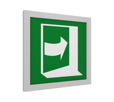 Escape sign (open door by pressing on the right) to ASR (A1.3) / ISO. Side view, 3d renderの写真素材