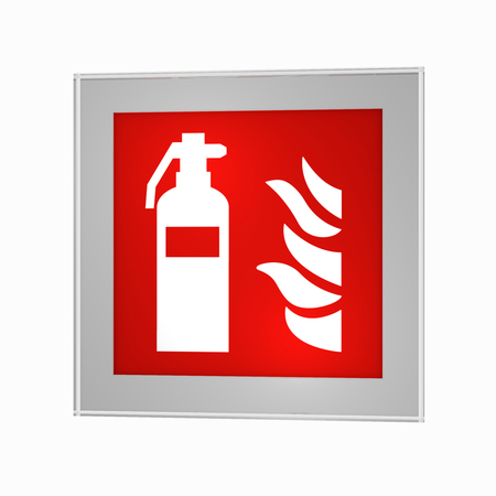 Fire safety signs according to the current form of ASR A1.3: fire extinguishers, in a glass frame. 3d renderingの写真素材