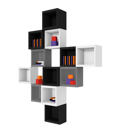 Modern living: shelf made of cubes in black, light gray and gray isolated on white.Side view, 3d renderingの写真素材