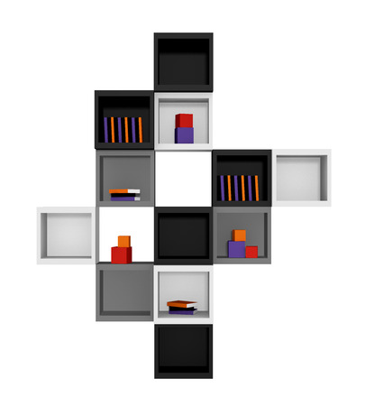 Modern living: shelf made of cubes in black, light gray and gray isolated on white.Front view, 3d renderingの写真素材