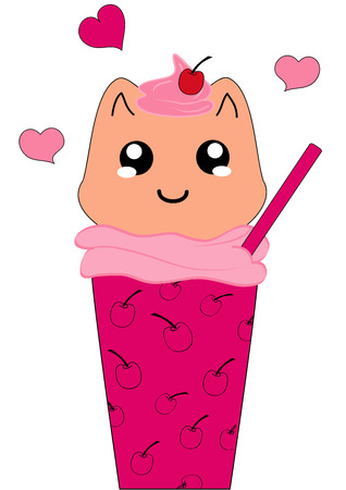 Kawaii Milkshake Cherry with Kitten Character. Vector eps 10のイラスト素材