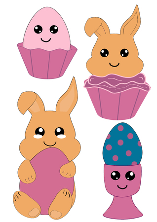 Kawaii Easter set with Easter bunny, cupcake and easter egg. Vector file Eps 10のイラスト素材