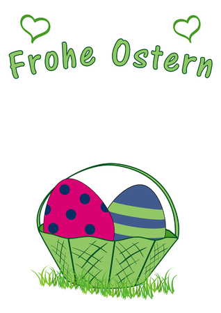 Easter card with Easter basket with Easter eggs, and the text Happy Easter. Vector file EPS 10. With text Happy Easter in germanのイラスト素材