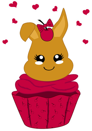 cute cupcake with cherries and bunny in kawaii style. Vector file eps 10のイラスト素材