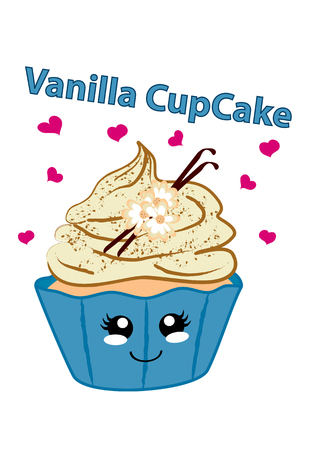 Vanilla cupcake with cute face in kawaii style. Vector graphic EPS 10のイラスト素材