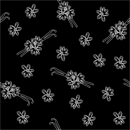 Seamless pattern with vanilla pods and flowers in black and white. Vector file eps 10のイラスト素材