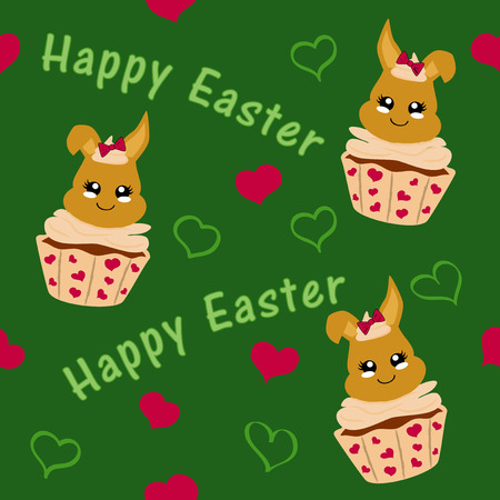 cute easter pattern with easter bunny in cupcake. Kawaii style, eps 10のイラスト素材