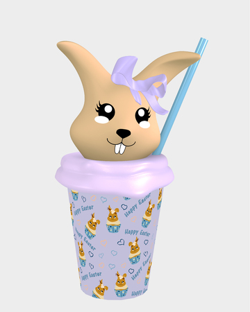 cute 3d kawaii bunny in milkshake isolated on white. 3d renderingの写真素材