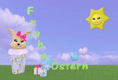 3d Kawaii easter bunny on green meadow with sun, decorations, german text: happy easter and cloud sky. 3d renderingの写真素材
