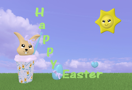 3d Kawaii easter bunny on green meadow with sun, decorations and cloud sky. 3d renderingの写真素材