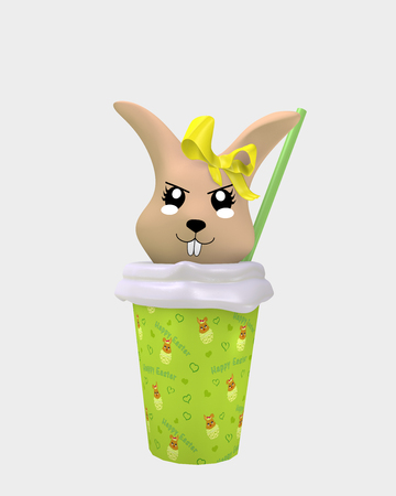 Naughty 3d kawaii bunny in milkshake isolated on white. 3d renderingの写真素材