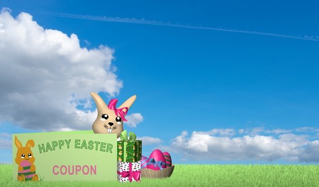 Gift card with kawaii easter bunny, presents and easter basket on green meadow with blue cloud sky. 3d renderingの写真素材
