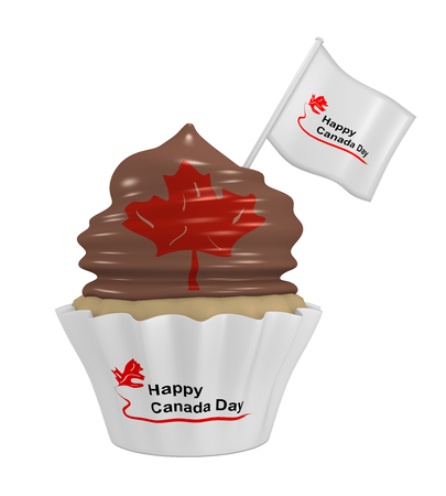Cupcake with chocolate cream, maple leaf and the text Happy Canada Day. 3d renderingの写真素材