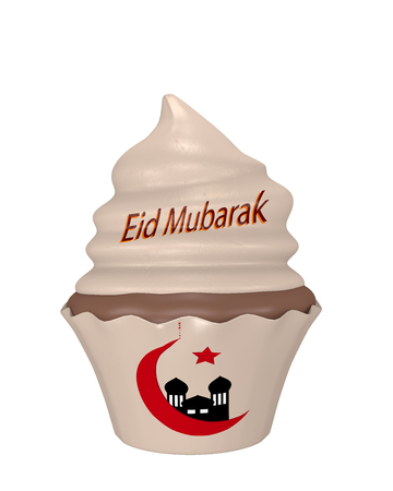 Cupcake with the text Eid Mubarak, Crescent and Mosque. 3d renderingの写真素材