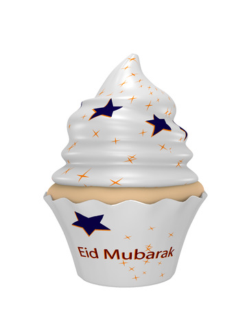 Cupcake with the text Eid Mubarak, blue and yellow stars. 3d renderingの写真素材