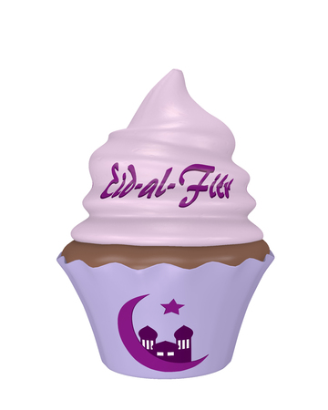 Cupcake with the text eid al fitr, crescent and mosque. 3d renderingの写真素材