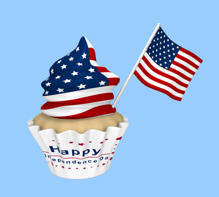 Cupcake with USA design and the text Happy Independence Day. 3d renderingの写真素材