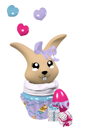 3d Kawaii cupcake with cute bunny, easter egg, presents and little hearts. Isolated on white. 3d renderingの写真素材