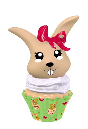 3d Kawaii cupcake with cute bunny with red bow. Isolated on white. 3d renderingの写真素材