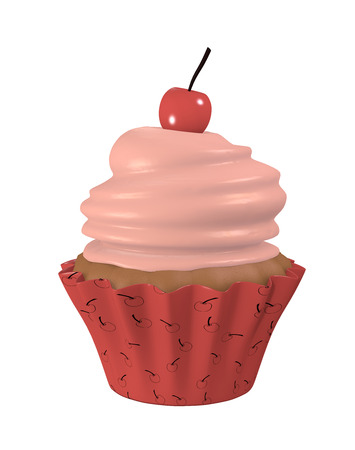 3d cherry cupcake with single cherry. 3d renderの写真素材