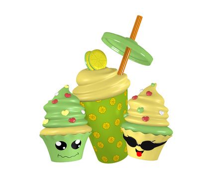 Lemon milkshake with funny kawaii cupcakes. 3d renderの写真素材