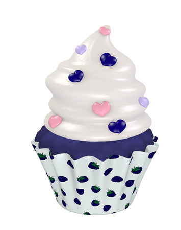 Blueberry cupcake with cream topping and hearts. 3d renderの写真素材