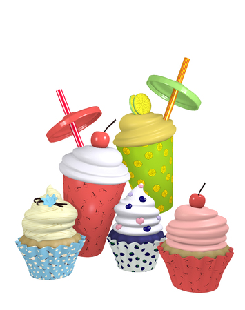 Cupcakes and milkshakes in different varieties. 3d renderの写真素材
