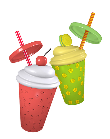 Lemon and cherry milkshakes with cream topping and straw. 3d renderの写真素材