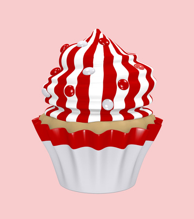 Cupcake with cream cap made of red and white stripes with smarties. 3d renderの写真素材