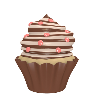 Chocolate cupcake with striped cream topping and red smarties. 3d renderの写真素材