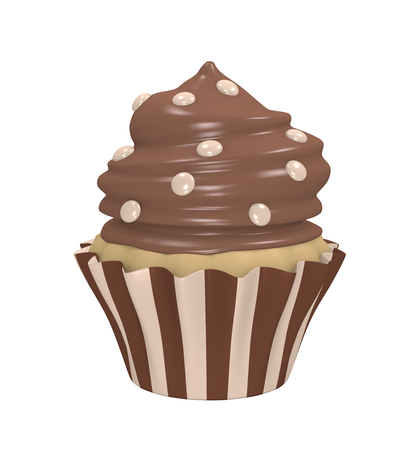 Chocolate cupcake in a striped tin with chocolate cream and smarties. 3d renderの写真素材