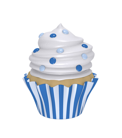 Delicious cupcake in blue and white striped trays with cream topping and blue smarties. 3d renderの写真素材