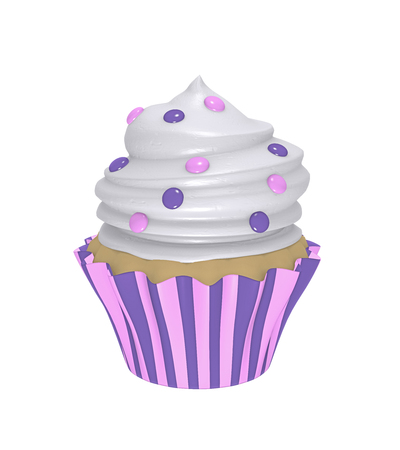 Delicious cupcake in purple-pink striped molds with cream topping and smarties. 3d renderの写真素材