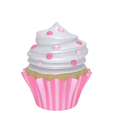 Delicious cupcake in pink-rose striped molds with cream topping and smarties. 3d renderの写真素材