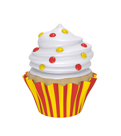 Delicious cupcake in red-yellow striped molds with cream topping and colorful smarties. 3d renderの写真素材
