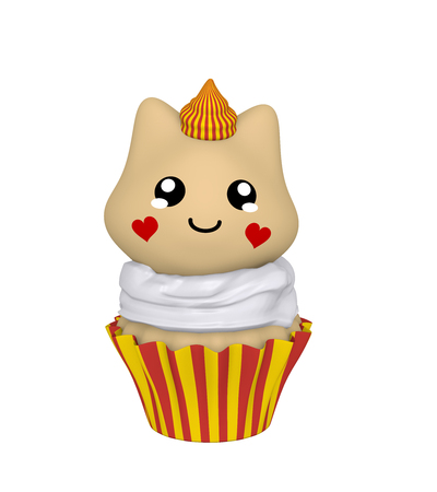 red-yellow cupcake with kitty in kawaii style. 3d renderの写真素材