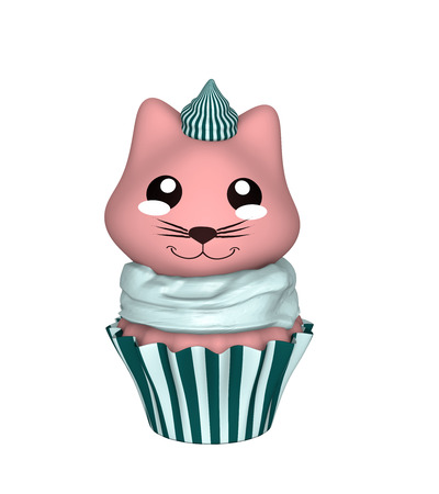Green-white cupcake with pink kitten in kawaii style. 3d renderの写真素材