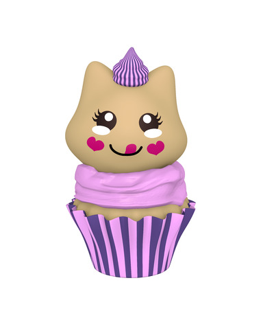 purple cupcake with kitten in kawaii style. 3d renderの写真素材