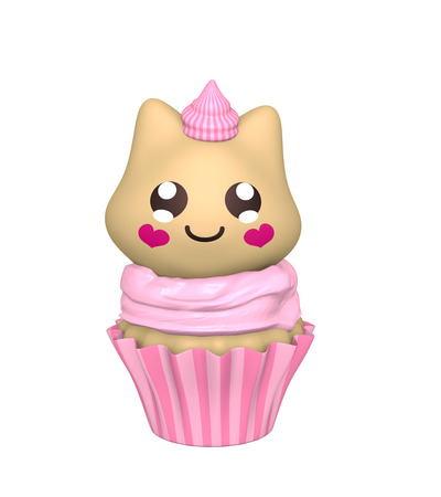 pink cupcake with kitty in kawaii style. 3d renderの写真素材