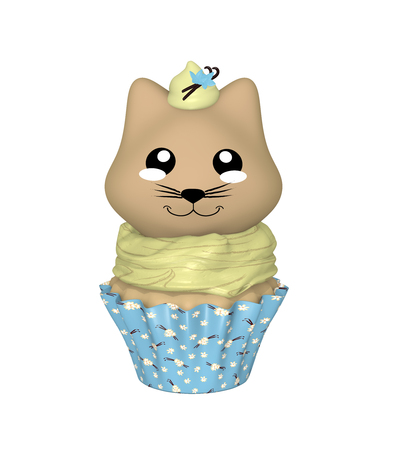 Vanilla cupcake with kitty in kawaii style. 3d renderの写真素材
