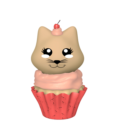 Cherry cupcake with kitty in kawaii style. 3d renderの写真素材