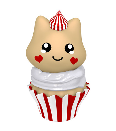 red and white cupcake with kitty in kawaii style. 3d renderの写真素材