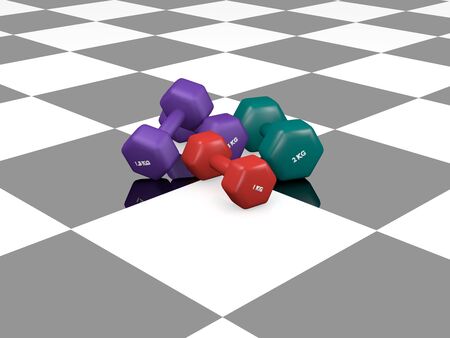 various dumbbells on black and white ground with reflection. 3d renderingの写真素材
