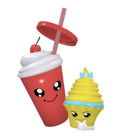 Kawaii cherry milkshake with smiling face and thinking cupcake. 3d renderingの写真素材
